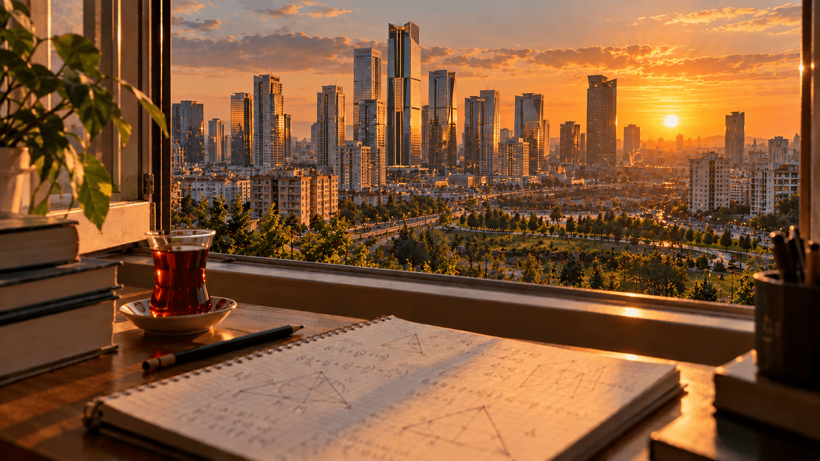 Ataşehir’de Finans Merkezi’nin cam gökdelenleri ve yeşil park manzaralı çalışma masasında geometri çizimli matematik defteri ve çay
