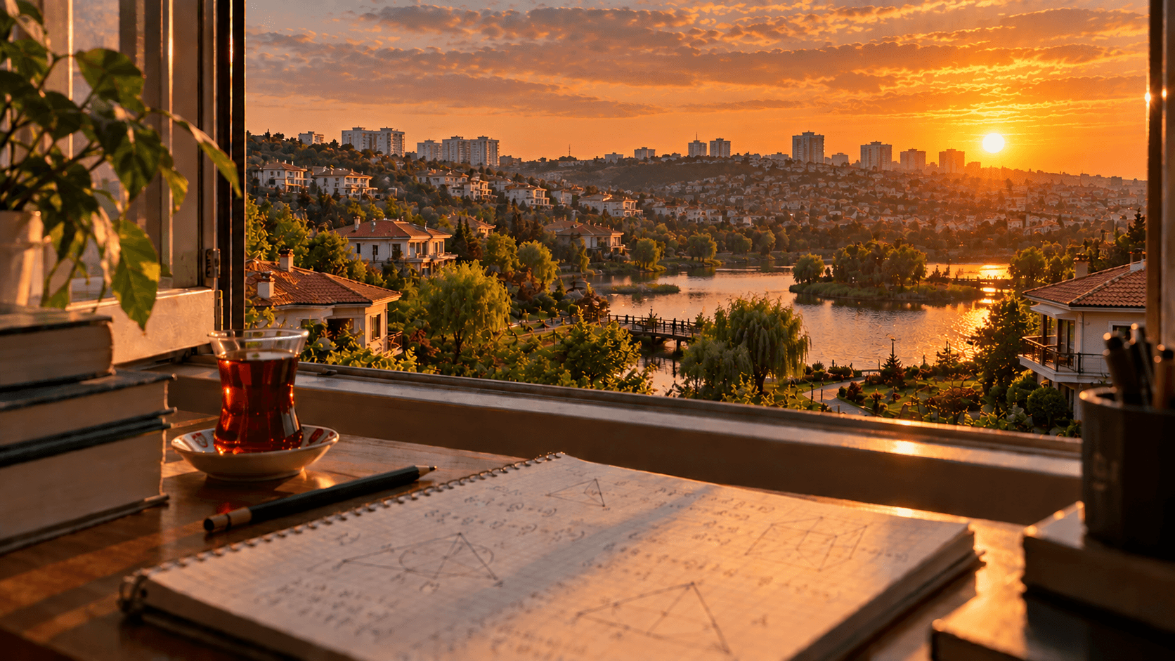 Bahçeşehir göleti, söğüt ağaçları ve kırmızı çatılı villalar manzaralı çalışma masasında matematik defteri ve çay