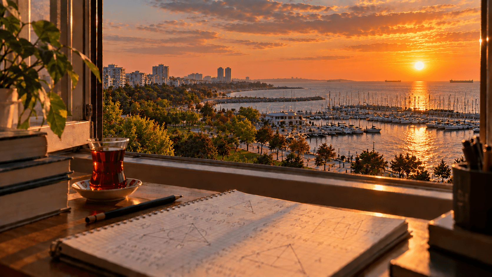 Bakırköy Ataköy marinası ve Marmara sahil parkı manzaralı çalışma masasında geometri çizimli matematik defteri ve çay
