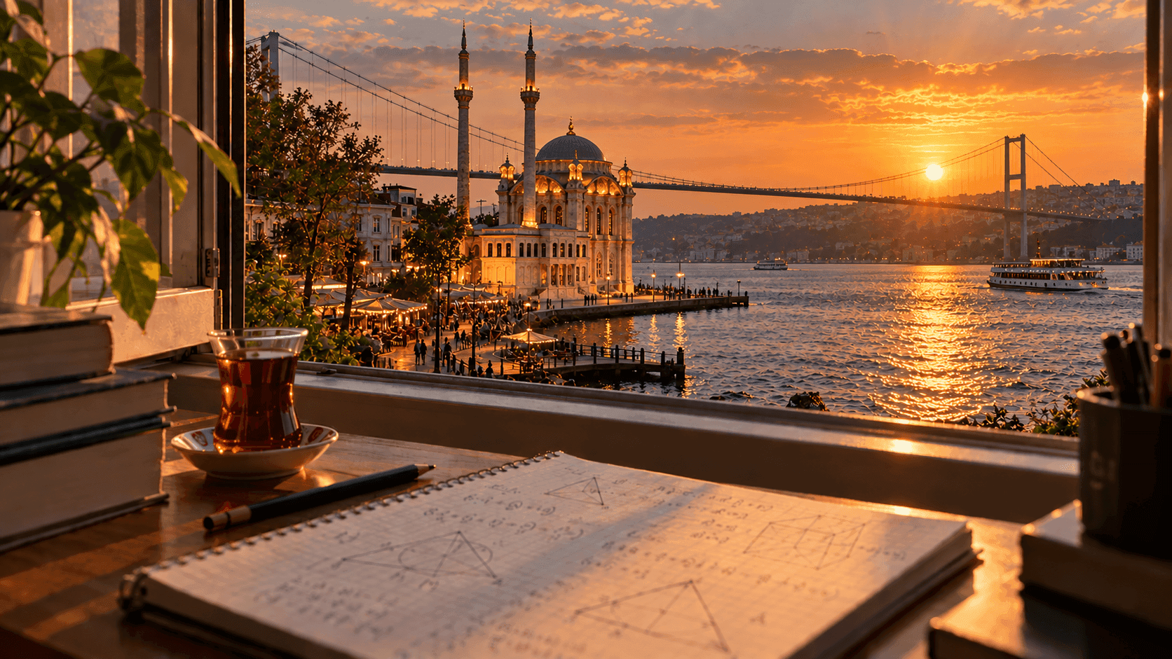 Beşiktaş’ta Ortaköy Camii ve Boğaz Köprüsü manzaralı çalışma masasında geometri çizimli matematik defteri ve çay
