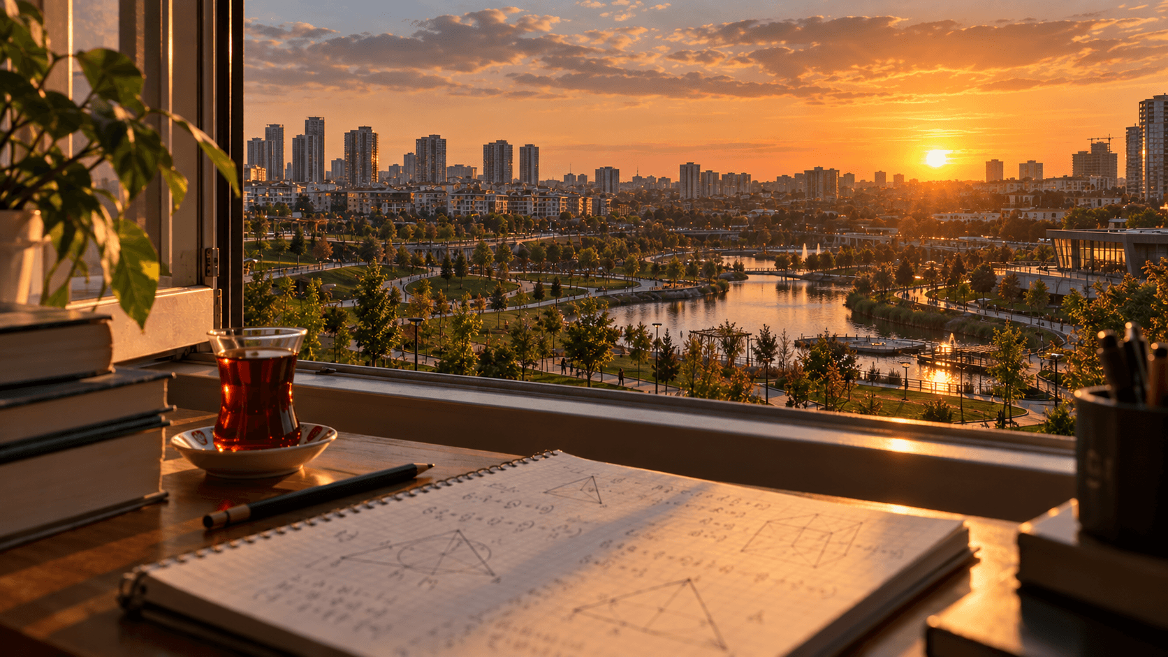 Beylikdüzü Yaşam Vadisi parkı ve göleti manzaralı çalışma masasında geometri çizimli matematik defteri ve çay