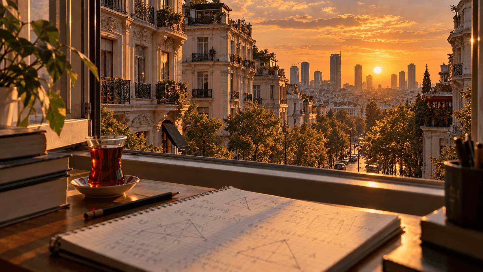 Şişli’de Nişantaşı’nın tarihi apartmanlarına bakan pencere önünde geometri çizimli matematik defteri ve çay