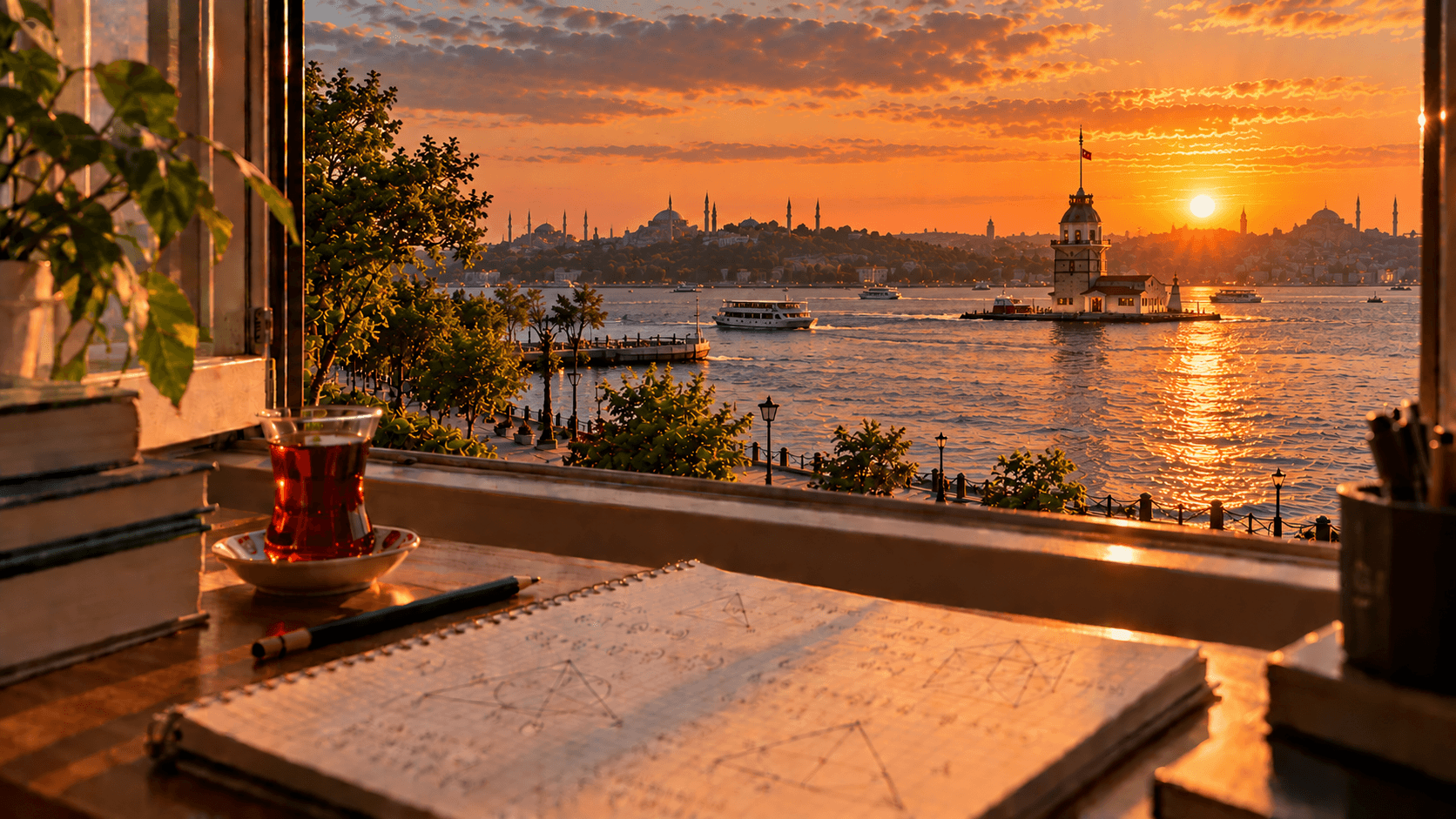 Üsküdar Salacak sahilinden Kız Kulesi ve tarihi yarımada manzaralı çalışma masasında geometri çizimli matematik defteri ve çay