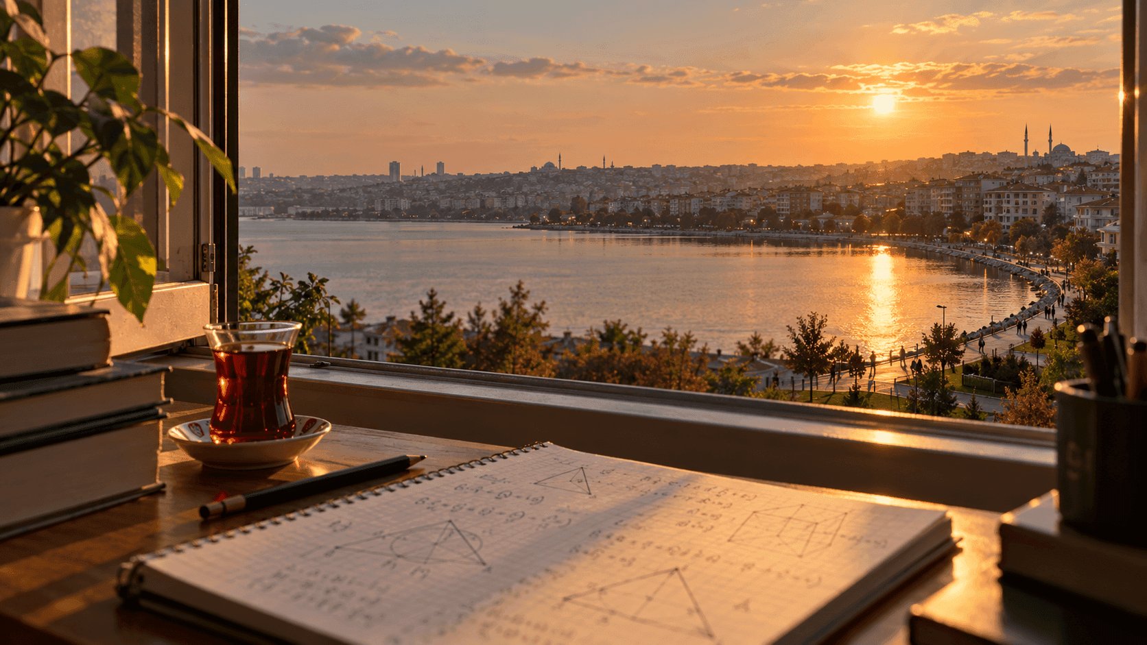 Avcılar’da gün batımında göl kıyısı ve sahil yolu manzaralı pencere önünde, geometri çizimli matematik defteri ve çay bardağı