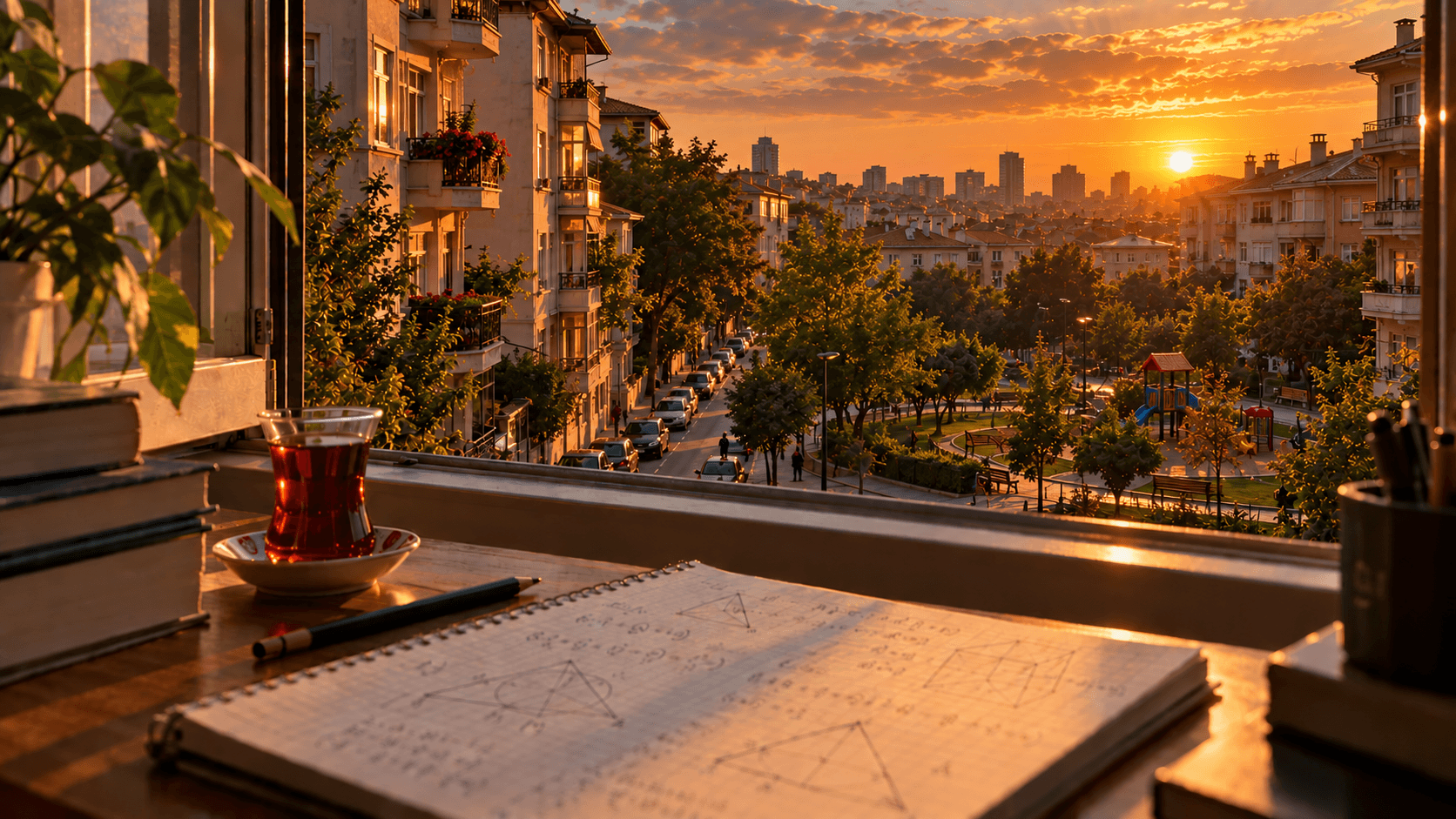 Bahçelievler’de ağaçlı mahalle sokağı ve çocuk parkı manzaralı pencere önünde geometri çizimli matematik defteri ve çay