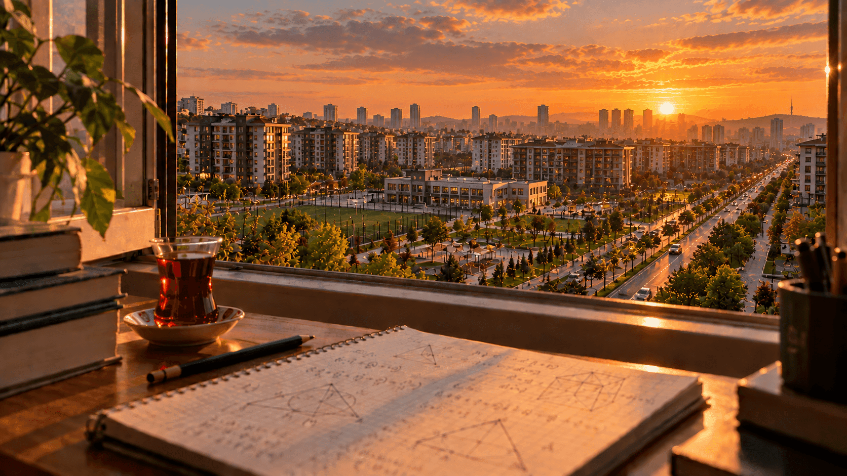 Başakşehir’de ağaçlı geniş bulvar, okul ve modern siteler manzaralı çalışma masasında matematik defteri ve çay