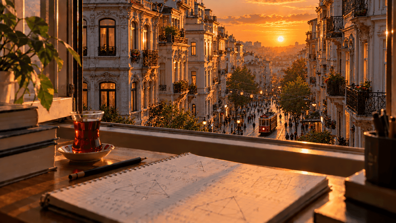 Beyoğlu’nda İstiklal Caddesi, nostaljik tramvay ve tarihi Pera binaları manzaralı pencere önünde matematik defteri ve çay