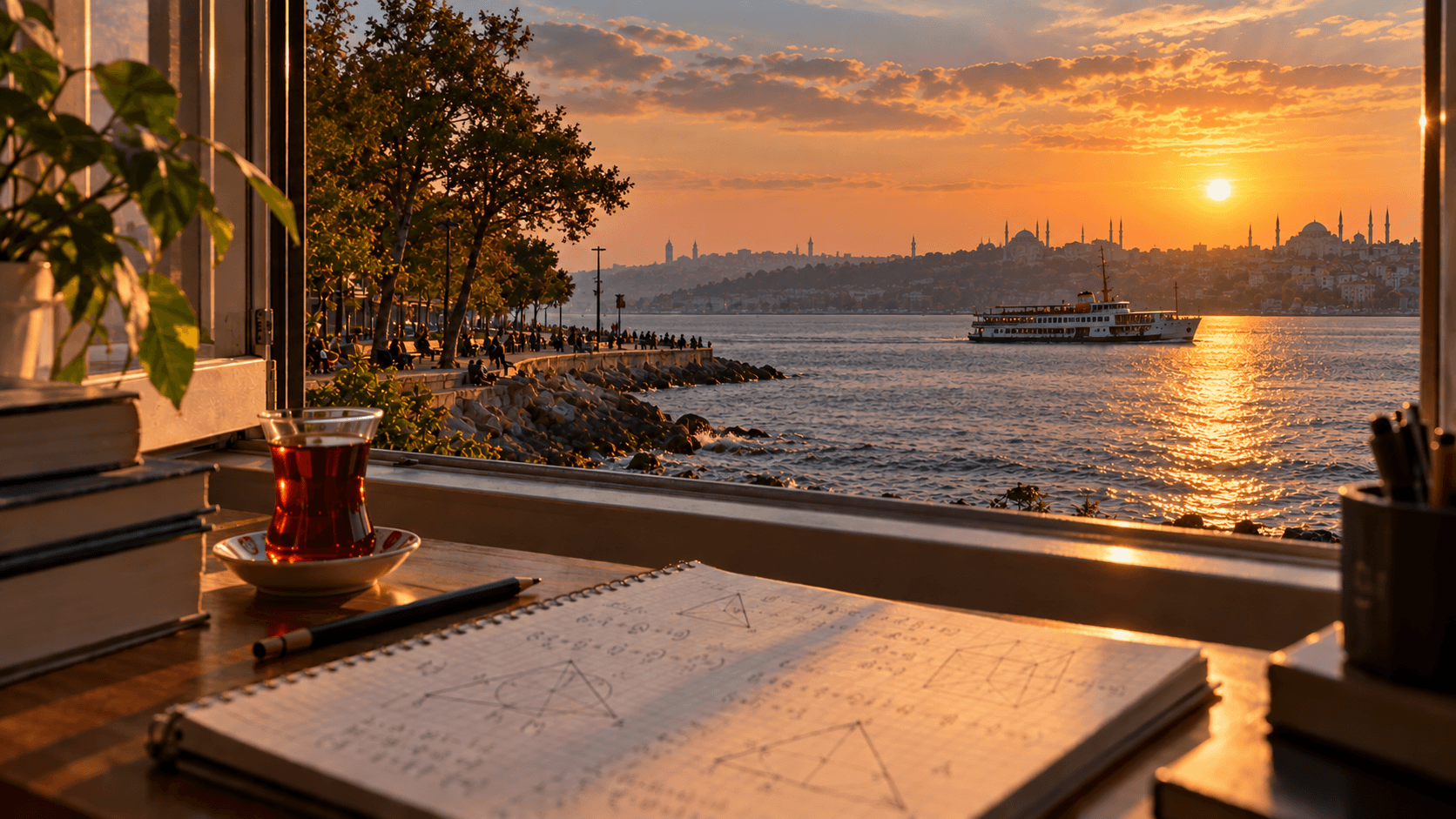 Kadıköy Moda sahilinden vapur ve tarihi yarımada silueti manzaralı çalışma masasında matematik defteri ve çay